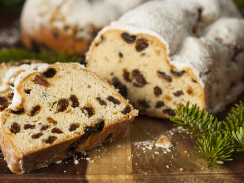 Festive Christmas German Stollen Bread with Powdered Sugar